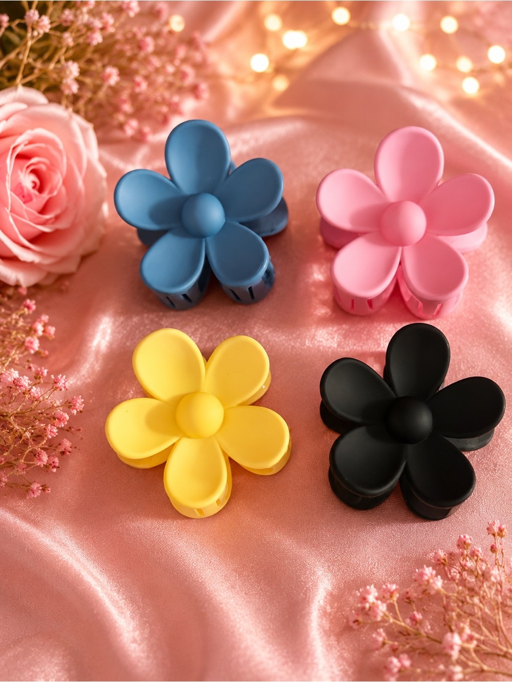 Floral Petal Hair Claw Clips - Multipack of Pink, Blue, Yellow, Black